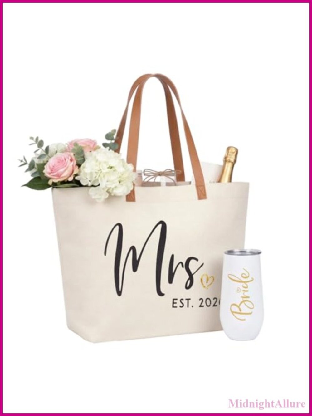 Large Canvas Wedding Tote Bag with Zipper & 10oz Stainless Steel Tumbler Bridal